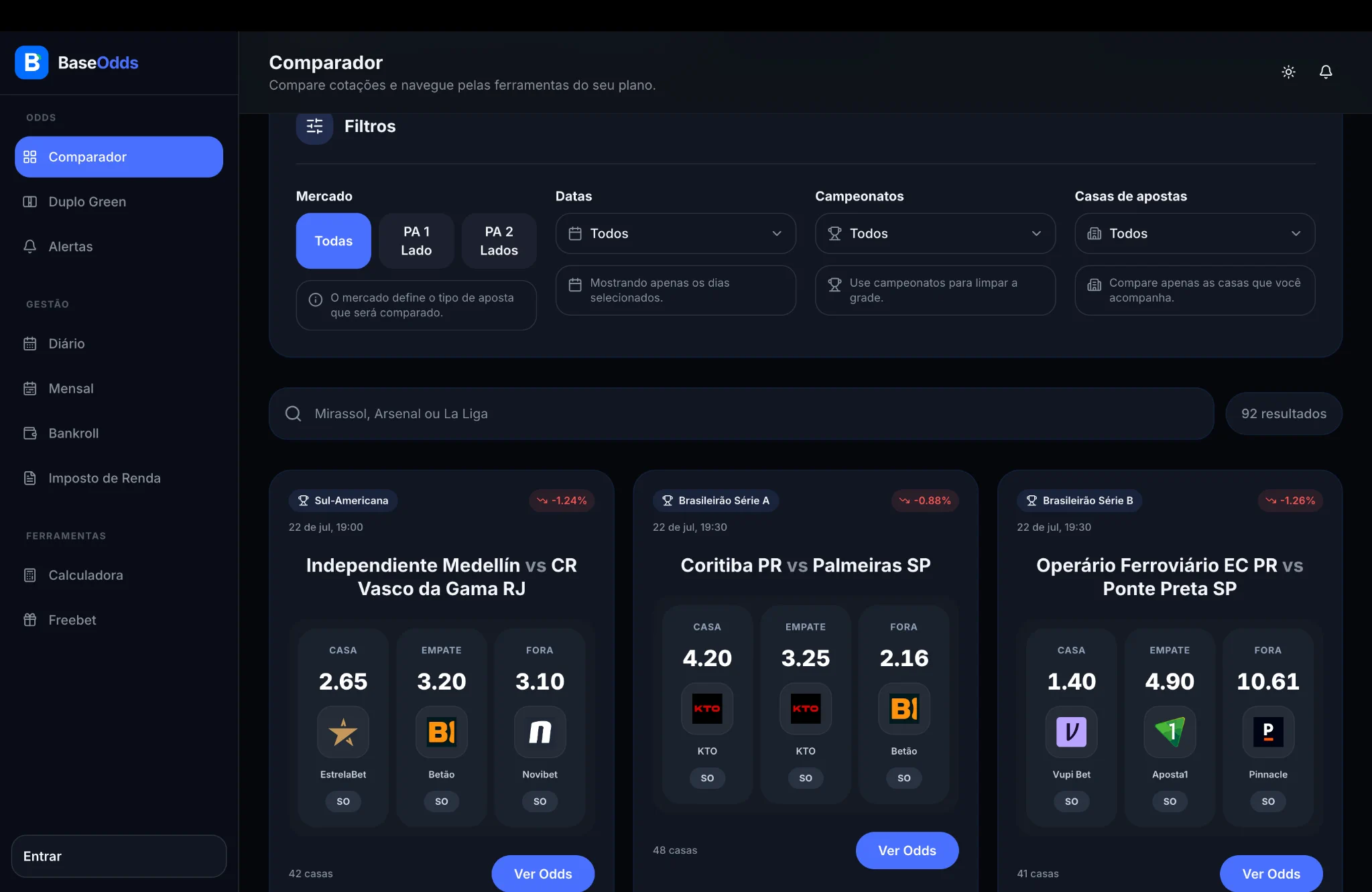 Base Odds — Comparador no tema Escuro