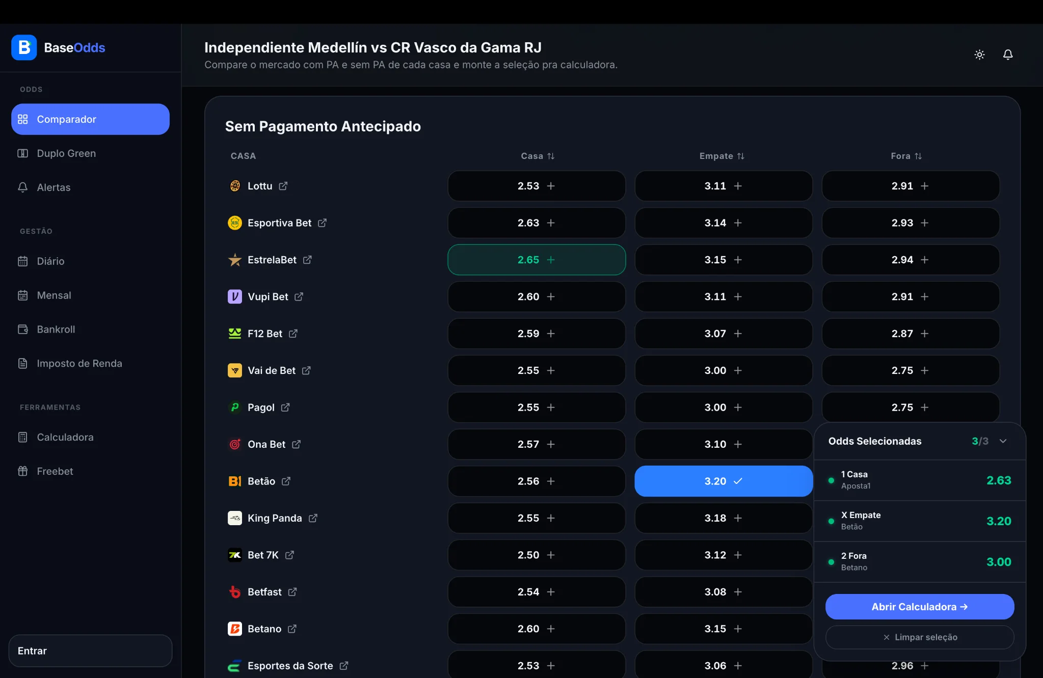 Base Odds — Seleção de odds no tema Escuro